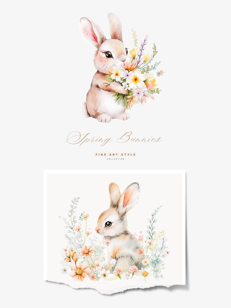 May include: Two watercolor illustrations of bunnies with flowers. The first bunny is holding a bouquet of yellow, white, and pink flowers. The second bunny is sitting in a field of pink and white flowers. The text "Spring Bunnies Fine Art Style Collection" is below the first bunny.