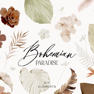 Boho Floral Clipart - DIY Elements - DIY Clipart - Boho Flowers - Boho Aquarelle - Aquarelle Tropical - Palmier séché - Fleurs séchées
