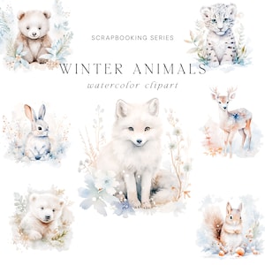Clipart ze zwierzętami zimowymi - Akwarela Clipart zimowy - Clipart zimowy - Clipart ze zwierzętami - Clipart do scrapbookingu - Clipart do naklejek - Clipart do kartek