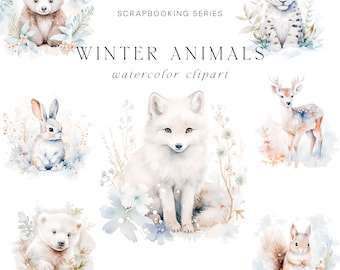 Puede incluir: Ilustraciones de acuarela de animales de invierno, incluyendo un oso polar, un zorro, un ciervo, un conejo, una ardilla y un leopardo de las nieves. Las ilustraciones están sobre un fondo blanco con delicadas flores y follaje de acuarela.