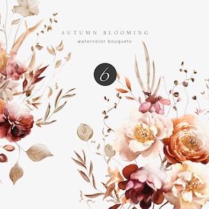 Buquês florais em aquarela - Clipart floral - Clipart aquarela - Clipart de casamento - Clipart pré-fabricado - Buquês florais de outono - Clipart de outono