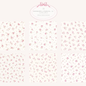 May include: Six floral patterns with a vintage feel. Each design showcases small pink roses and green leaves on a cream backdrop. The image includes the text "GRANDMILLENNIAL II seamless patterns". The patterns are ideal for fabric or wallpaper.