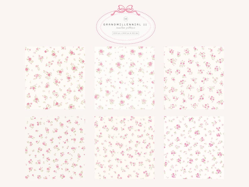 May include: Six floral patterns with a vintage feel. Each design showcases small pink roses and green leaves on a cream backdrop. The image includes the text "GRANDMILLENNIAL II seamless patterns". The patterns are ideal for fabric or wallpaper.