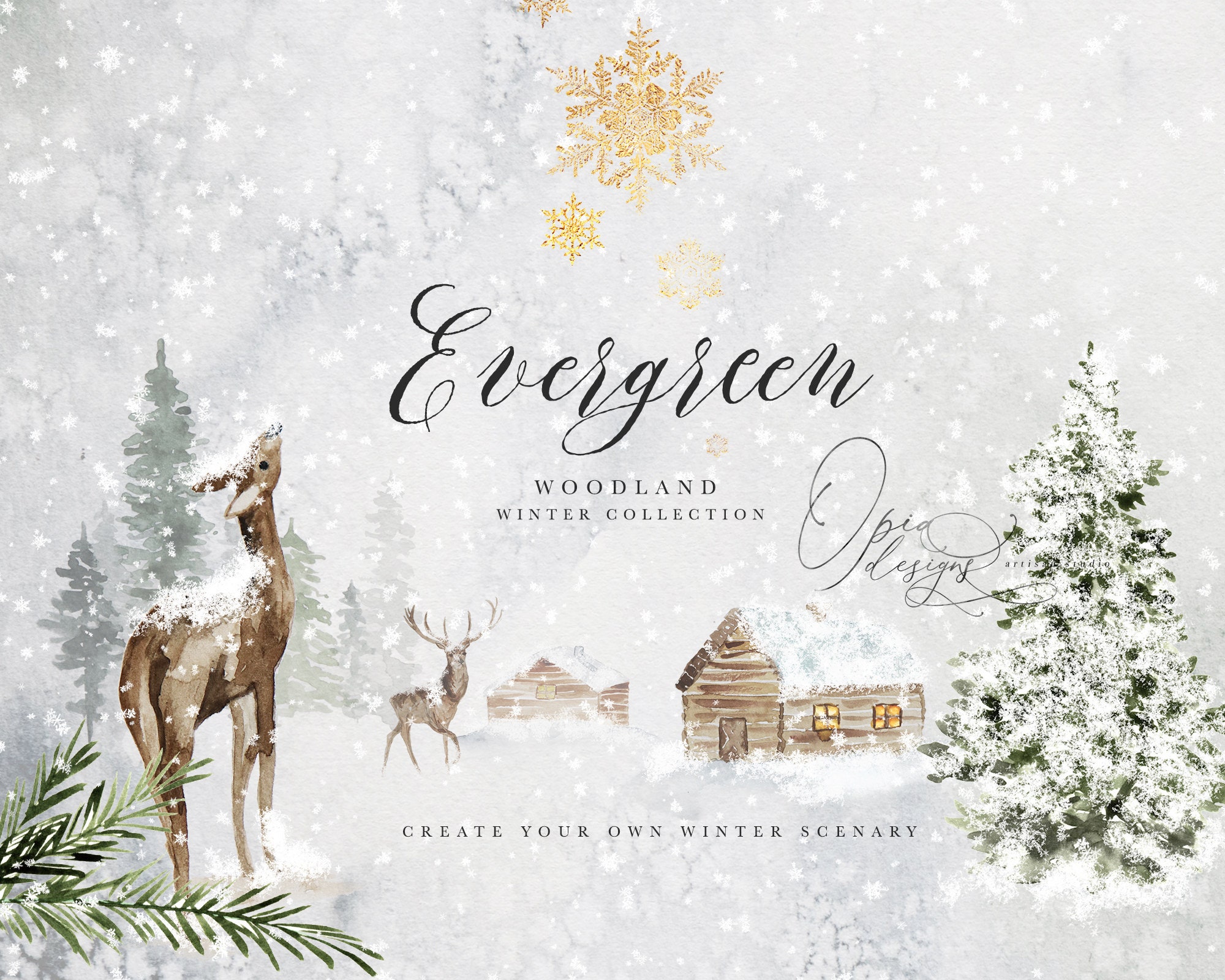 Evergreen - Winter Woodland Collection - Woodland Clipart - Winter Landscapes - Watercolor Winter - Watercolor Christmas - Watercolor Woods
