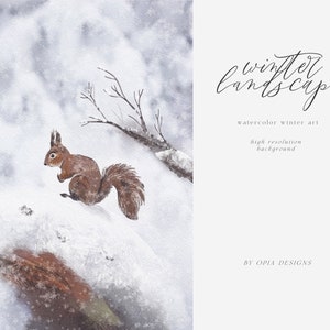 Clipart des bois d’hiver - Fond d’hiver - Art d’hiver - Clipart de Noël - Écureuil des bois - Noël des bois - Clipart d’écureuil