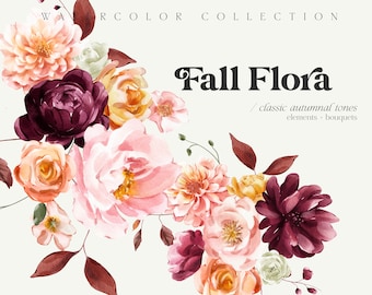 Watercolor Floral Clipart - Autumn Clipart - Autumn Floral Clipart - Wedding Clipart - Burgundy Flowers - Premade Clipart-Watercolor Clipart