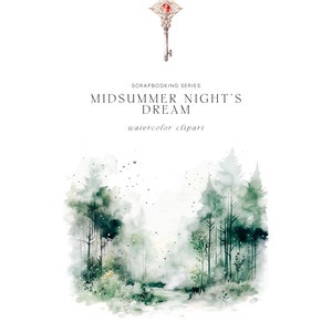 Peut inclure: Illustration de clipart aquarelle d'une for&ecirc;t brumeuse avec un ruisseau qui la traverse. L'image est intitul&eacute;e "Midsummer Night's Dream" et fait partie d'une s&eacute;rie de scrapbooking.