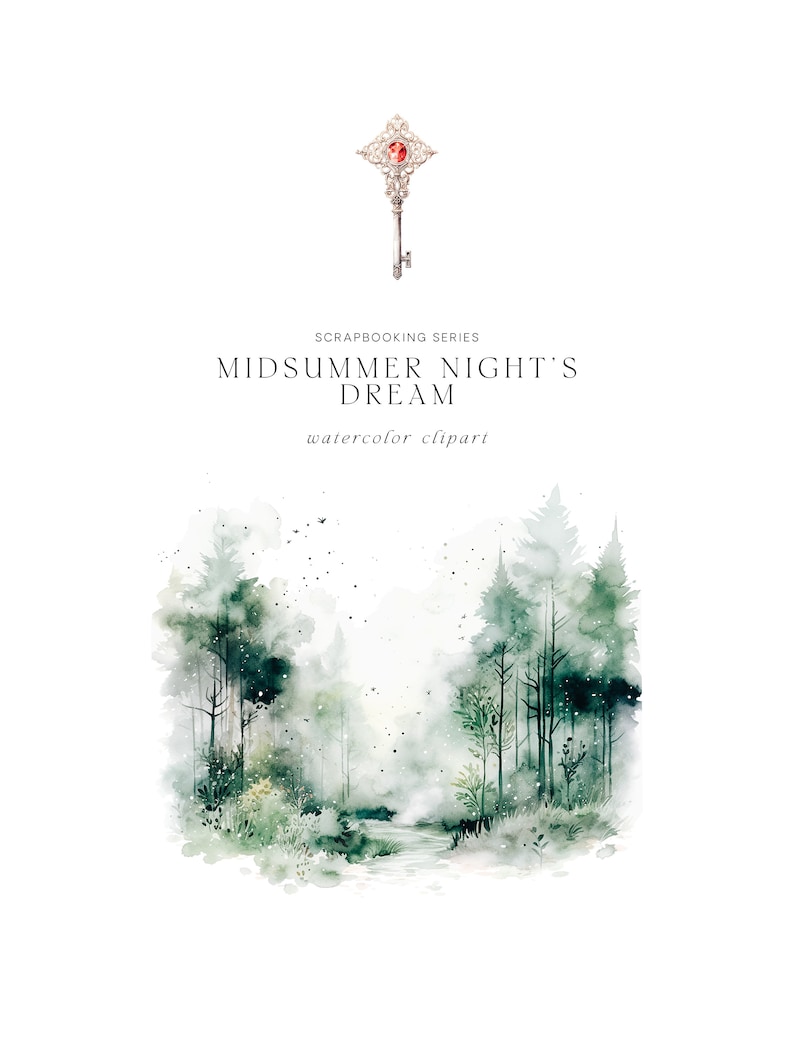 Peut inclure: Illustration de clipart aquarelle d'une for&ecirc;t brumeuse avec un ruisseau qui la traverse. L'image est intitul&eacute;e "Midsummer Night's Dream" et fait partie d'une s&eacute;rie de scrapbooking.