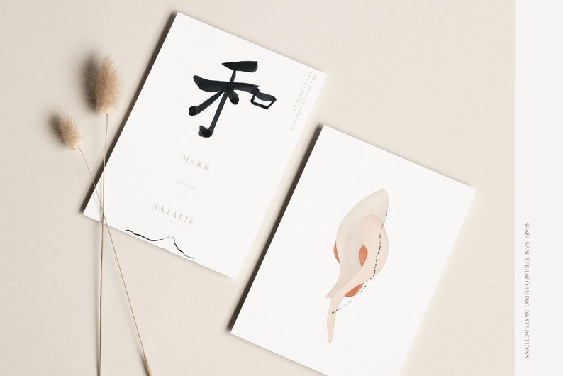 May include: Two minimalist wedding invitations with a black and white abstract design and the text "Mark & Natalie" on one card and a beige and orange abstract design on the other card.