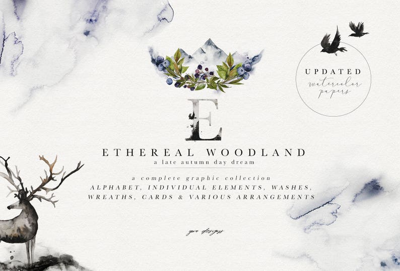 May include: A watercolor illustration of a mountain range with a forest of blue berries and a large letter E. The text "ETHEREAL WOODLAND" is below the illustration, along with the text "a late autumn day dream". The text "UPDATED watercolor papers" is in a circle in the upper right corner of the image.