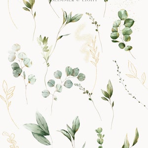 May include: Watercolor and gold illustrations of green leaves and branches. The text "WATERCOLOR & GOLD" and "GLIMMER & LIGHT" is displayed in the center of the image.
