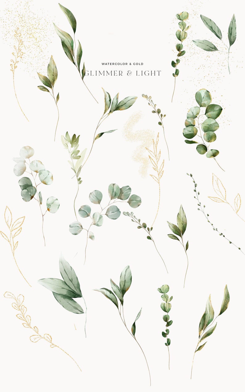 May include: Watercolor and gold illustrations of green leaves and branches. The text "WATERCOLOR & GOLD" and "GLIMMER & LIGHT" is displayed in the center of the image.