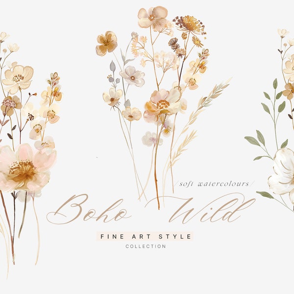 Clipart floral aquarelle bohème - Clipart floral Boho - Clipart floral - Clipart aquarelle - Clipart fleurs sauvages - Clipart mariage