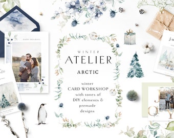Watercolor Winter Clipart - Arctic Winter Clipart - Christmas Clipart - Dusty Blue Clipart - Dusty Blue Watercolor - Polar Bear - Snow Owl