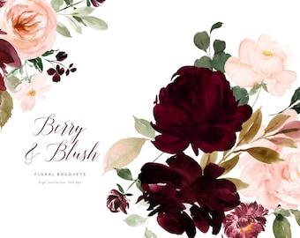 Burgundy Blush Watercolor Floral Clipart - Elegant Floral Clipart - Wedding Clipart - Hand painted floral clipart - Hand Painted Watercolor