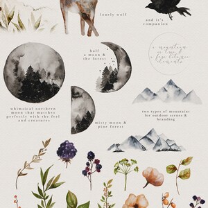 May include: Watercolor illustrations of a deer, wolf, fox, raven, mountains, moon, and forest. The illustrations are in shades of gray, blue, and brown. The text "Prepare to tell your own story" is at the top of the image.