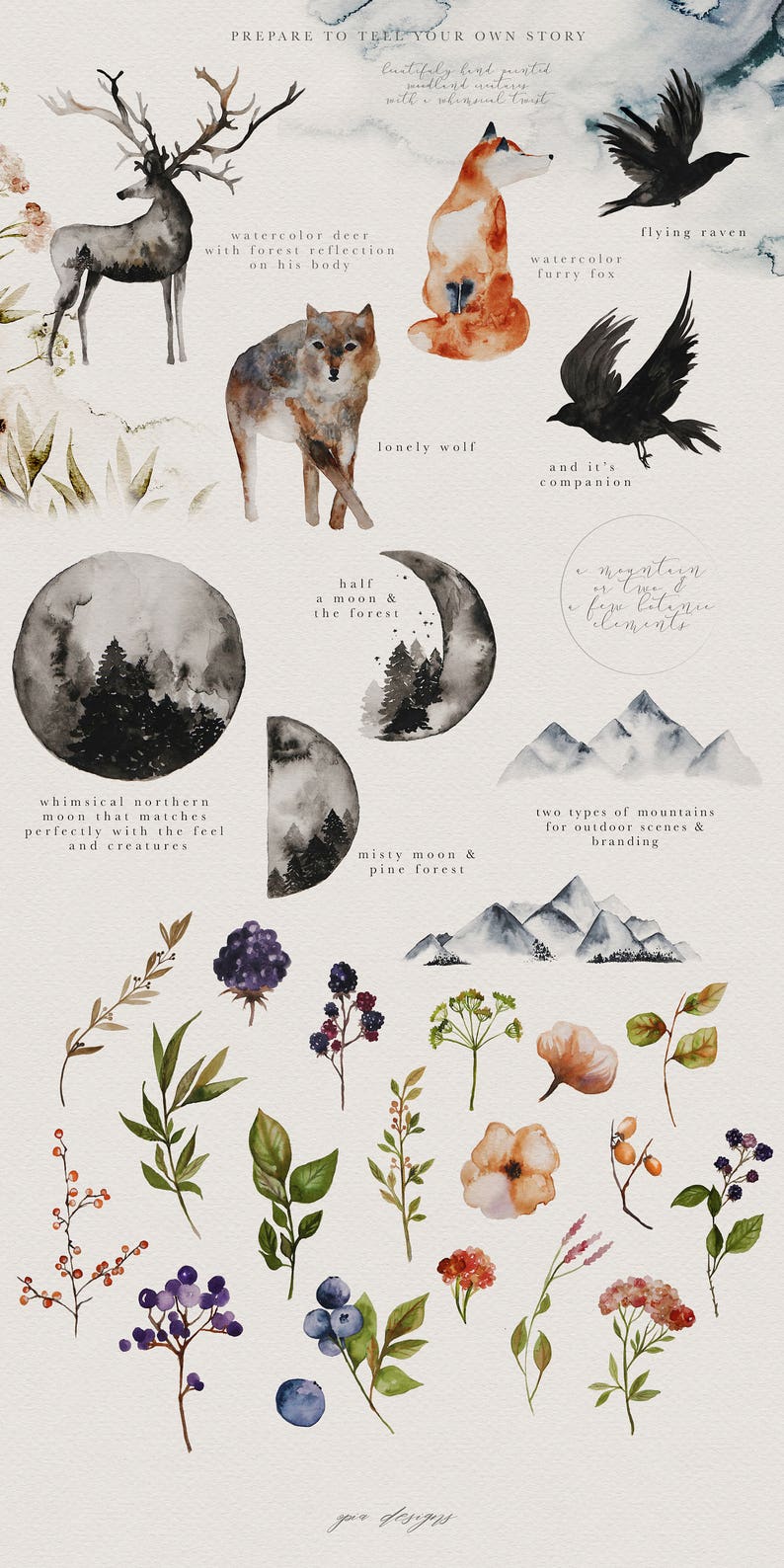 May include: Watercolor illustrations of a deer, wolf, fox, raven, mountains, moon, and forest. The illustrations are in shades of gray, blue, and brown. The text "Prepare to tell your own story" is at the top of the image.