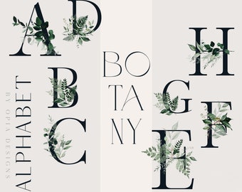 Könnte beinhalten: Ein botanisches Alphabet-Design mit den Buchstaben A, B, C, D, E, F, G und H. Jeder Buchstabe ist mit grünen Blättern und Farnen verziert.