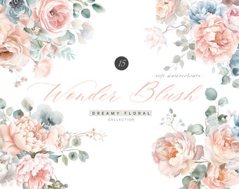 Clipart floral aquarelle fard à joues - Clipart mariage - Clipart pivoines - Clipart roses - Clipart aquarelle - Clipart floral - fleurs fard à joues
