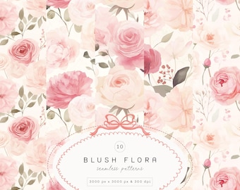 Patrones sin costuras en tonos rosa y acuarela - Papeles digitales - Fondos de acuarela estilo preppy - Clipart de boda - Estampados florales en tonos rosa - Papel para álbumes de recortes