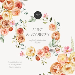 Clipart floral aquarela - Clipart floral boho - Clipart floral - Clipart de casamento - Clipart pré-fabricado - Buquês florais - Flores silvestres