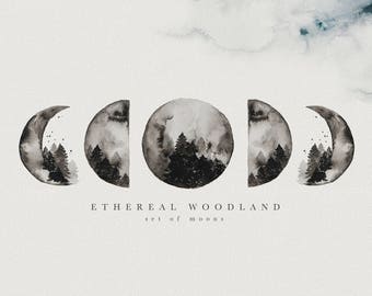 Aquarel manen - illustraties van de fasen van de maan - maan Clipart - Crescent Moon Clipart - maan en het bos - Ethereal Woodland - aquarel-bos