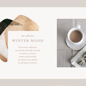 Puede incluir: Una superposici&oacute;n de texto sobre un fondo blanco con formas abstractas en oro y verde. El texto dice "nuestra colecci&oacute;n INVIERNO MOOD" y describe las colecciones de invierno como creadas con estilo en mente para transmitir una sensaci&oacute;n de comodidad y calidez. El texto tambi&eacute;n indica que las colecciones est&aacute;n en tonos neutres, perfectas para todo tipo de interiores. La imagen tambi&eacute;n muestra una taza de caf&eacute; blanca sobre un platillo blanco, una servilleta blanca y una peque&ntilde;a rama de pino sobre un mantel de lino.
