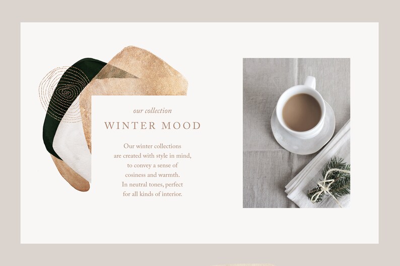 Puede incluir: Una superposici&oacute;n de texto sobre un fondo blanco con formas abstractas en oro y verde. El texto dice "nuestra colecci&oacute;n INVIERNO MOOD" y describe las colecciones de invierno como creadas con estilo en mente para transmitir una sensaci&oacute;n de comodidad y calidez. El texto tambi&eacute;n indica que las colecciones est&aacute;n en tonos neutres, perfectas para todo tipo de interiores. La imagen tambi&eacute;n muestra una taza de caf&eacute; blanca sobre un platillo blanco, una servilleta blanca y una peque&ntilde;a rama de pino sobre un mantel de lino.