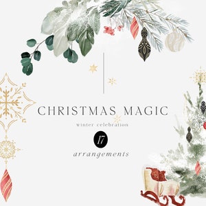 Clipart acuarela de Navidad - Clipart de invierno - Clipart de Navidad - Clipart de ramos -Arreglos de Navidad-Árbol de Navidad-Rama de Navidad