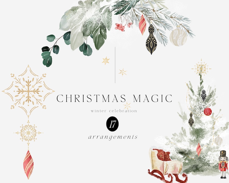 Jul akvarell Clipart - Vinter Clipart - Jul Clipart - Buketter Clipart - Jularrangemang - Julgran - Julgren bild 1