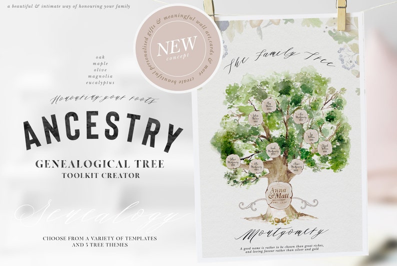 May include: A watercolor illustration of a family tree with the text "The Family Tree" at the top. The tree has a brown trunk and green leaves. There are several brown circles with names written on them, including "Anna & Matt" and "Montgomery". The text "A good name is rather to be chosen than great riches, and loving favour rather than silver and gold" is at the bottom of the image.