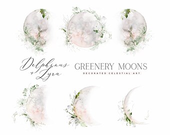 Groen maanstanden-aquarel maan-aquarel maan fasen-maan clipart-ingericht maan-Blush maan-hemelse clipart