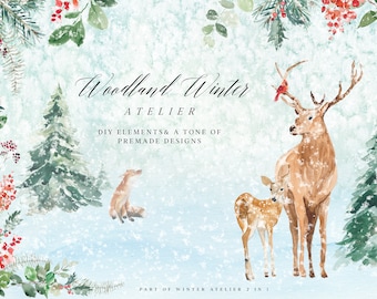Woodland Winter Watercolor Clipart - Christmas Clipart - Winter Clipart - Woodland - Watercolor Winter - Winter Animals - Winter Elements