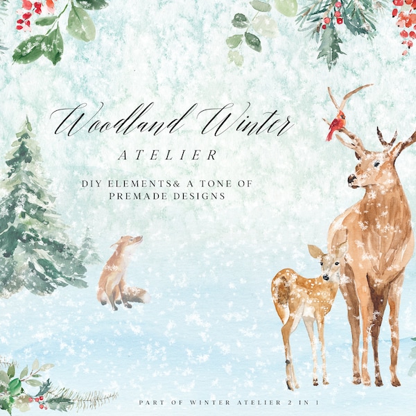 Woodland Winter Watercolor Clipart - Christmas Clipart - Winter Clipart - Woodland - Watercolor Winter - Winter Animals - Winter Elements