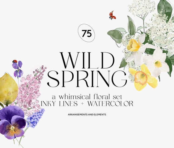 Wild Spring Floral Clipart - Watercolor Spring Clipart - Watercolor Clipart - Daffodil -  Pansy - Violets - Lilac - Spring Bouquets