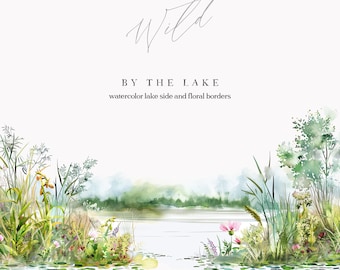 Watercolor Lake and Wild Flowers Borders - Wild Floral Borders - Premade Designs - Lake Clipart - Watercolor Lake Flora