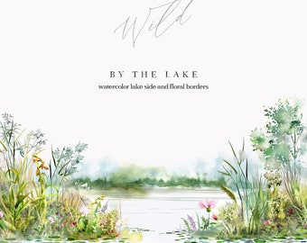 Watercolor Lake and Wild Flowers Borders - Wild Floral Borders - Premade Designs - Lake Clipart - Watercolor Lake Flora