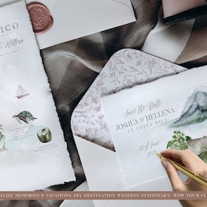 May include: Save the Date card with watercolor illustrations of mountains and tropical plants. The card is white with a light blue border and the text "Save the Date Joshua & Hellena in Costa Rica 28 of June 2019" is written in black calligraphy.