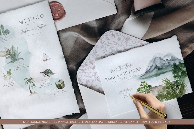 May include: Save the Date card with watercolor illustrations of mountains and tropical plants. The card is white with a light blue border and the text "Save the Date Joshua & Hellena in Costa Rica 28 of June 2019" is written in black calligraphy.