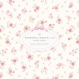 May include: A cream-coloured seamless pattern with scattered pink roses and green leaves. The design includes a pink ribbon and text that reads "GRANDMILLENNIAL III seamless patterns".