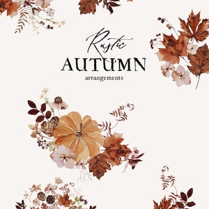 Op de afbeelding: Vijf aquarel illustraties van herfstbloemstukken. Elk bloemstuk bevat een mix van bruine, beige en witte bloemen, bladeren en pompoenen. De tekst "Rustic Autumn arrangements" is geschreven in zwarte cursieve letters.