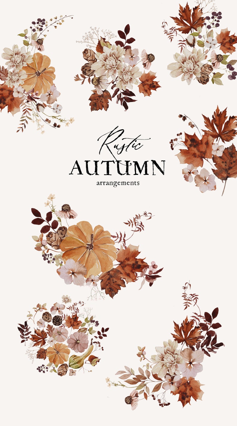 Op de afbeelding: Vijf aquarel illustraties van herfstbloemstukken. Elk bloemstuk bevat een mix van bruine, beige en witte bloemen, bladeren en pompoenen. De tekst "Rustic Autumn arrangements" is geschreven in zwarte cursieve letters.