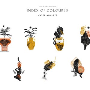 Op de afbeelding: Een set van zes illustraties met wateramuletten. De amuletten zijn afgebeeld in een minimalistische stijl met zwarte silhouetten en gouden accenten. De amuletten omvatten een vaas met een plant, een vaas met een figuur, een schelp, een vaas met een figuur die water giet, en een vaas met een plant.