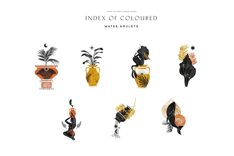Op de afbeelding: Een set van zes illustraties met wateramuletten. De amuletten zijn afgebeeld in een minimalistische stijl met zwarte silhouetten en gouden accenten. De amuletten omvatten een vaas met een plant, een vaas met een figuur, een schelp, een vaas met een figuur die water giet, en een vaas met een plant.