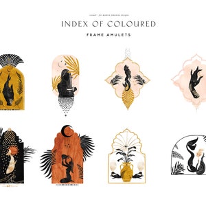 Op de afbeelding: Set van 8 digitale illustraties met zwarte silhouetten van figuren en botanische elementen in verschillende gekleurde frames. De frames zijn in verschillende vormen, waaronder bogen, ovalen en diamanten. De illustraties zijn perfect om elke ontwerp-project een vleugje whimsy en elegantie te geven.