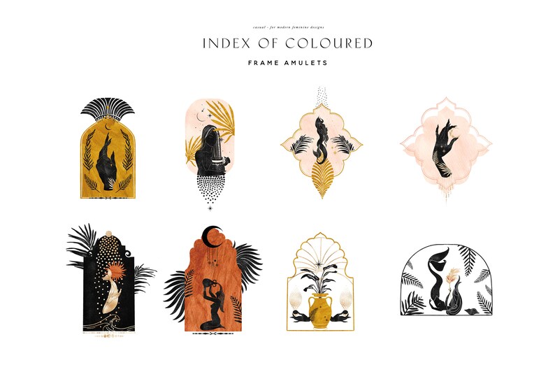 Op de afbeelding: Set van 8 digitale illustraties met zwarte silhouetten van figuren en botanische elementen in verschillende gekleurde frames. De frames zijn in verschillende vormen, waaronder bogen, ovalen en diamanten. De illustraties zijn perfect om elke ontwerp-project een vleugje whimsy en elegantie te geven.