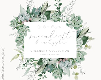 Watercolor Greenery Clipart - Watercolor Succulents - Eucalyptus Clipart - Silver Dollar - Greenery Arrangements - Foliage Clipart
