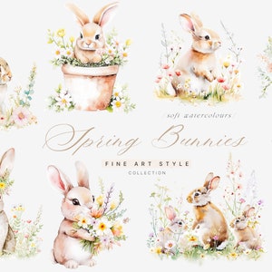 Aquarelle lapins Clipart - Clipart printemps chambre d'enfant - Clipart printemps - Clipart chambre d'enfant - Premade Clipart - Clipart lapins - Clipart floral
