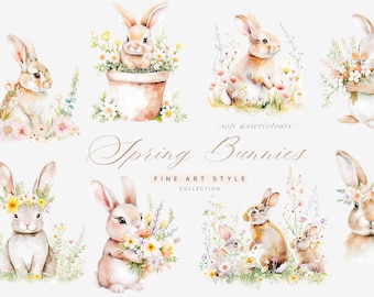 Puede incluir: Una colección de ilustraciones de acuarela con conejos lindos en un entorno primaveral. Los conejos se representan con flores, coronas y una maceta de flores. El texto "Spring Bunnies Fine Art Style Collection" está incluido en la imagen.