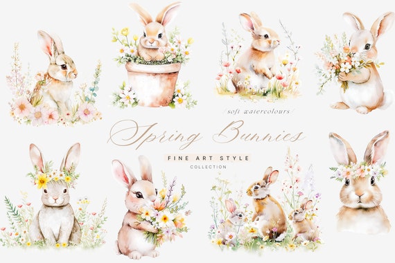 Watercolor Bunnies Clipart - Nursery Spring Clipart - Spring Clipart - Nursery Clipart - Premade Clipart -Bunnies Clipart -Floral Clipart
